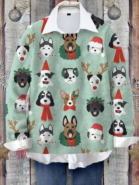 Cute Christmas Dog Lover Art Print Knit Pullover Sweater