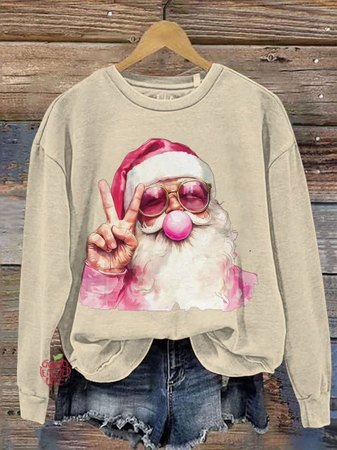 Retro Santa Christmas Blowing Bubble Casual Print Sweatshirt