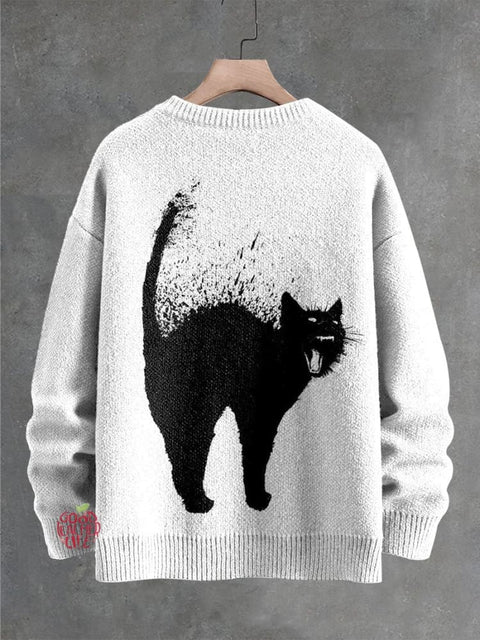 Black Cat Roaring Decorative Pattern Knit Pullover Sweater