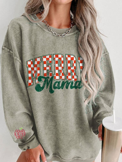 Women's Retro Checkered Christmas Mama Casual Print Corduroy Sweatshirt