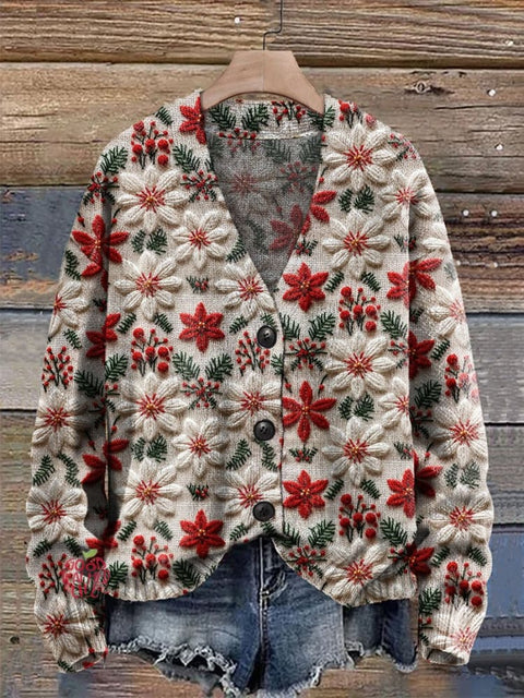 Poinsettia Christmas Flower Christmas Ugly Sweater Christmas V-neck Cardigan Sweater