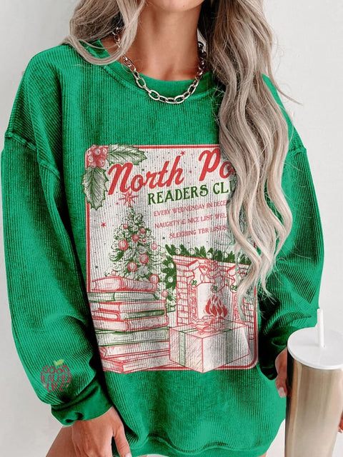 Bookish Christmas Pole Book Club Santa Women's  Casual Print Corduroy Sweatshirt