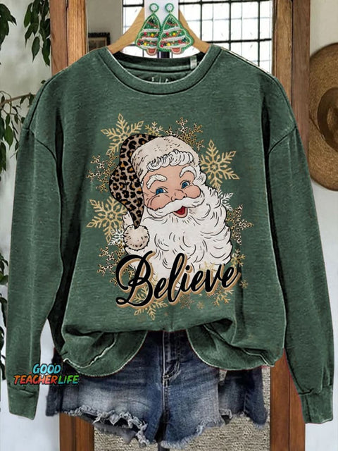 Santa Gold Snowflake Print Casual Sweatshirt