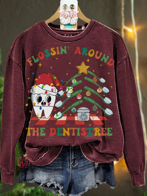 Christmas Flossing Around The Dentistree Christmas Dentist Orthodontist Casual  Sweatshirt