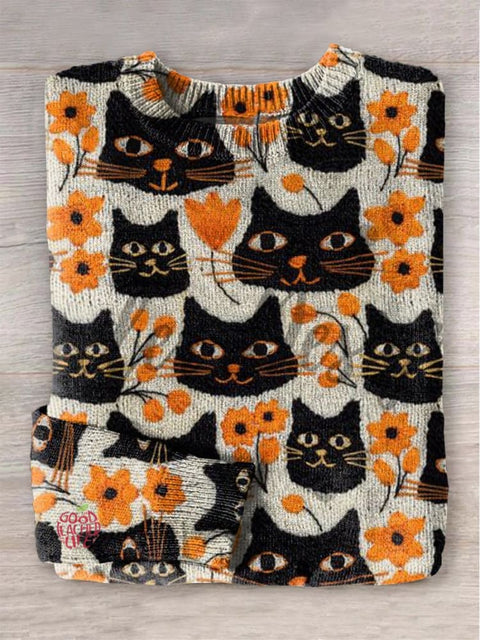 Black Cats and Small Yellow Flowers Print Knit Pullover Sweater