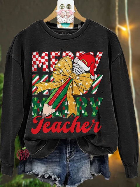 Christmas Pencil Tree Teacher Coquette Bow Casual Sweatshirt