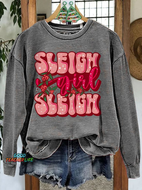 Christmas Pink Sleigh Printed Casual Sweatshirt