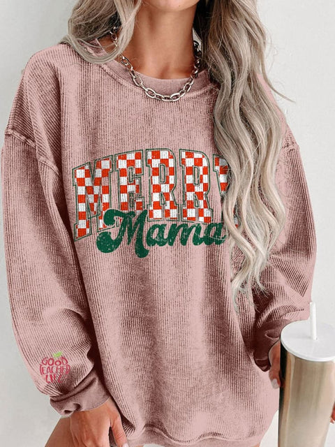 Women's Retro Checkered Christmas Mama Casual Print Corduroy Sweatshirt