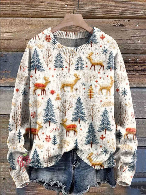 Christmas Faux Embroidered Holiday Deer Seamless Crew Neck Stylish Retro Casual Print Sweater