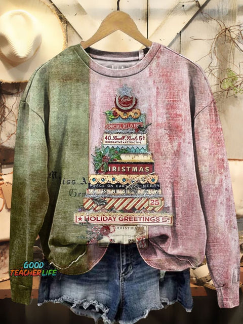 Christmas Tree Colorblock Art Print Casual Sweatshirt