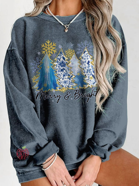 Women's Christmas Blue Floral Coquette Christmas Tree Merry & Bright Casual Print Sweatshirt