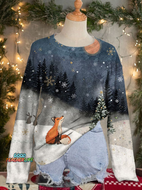 Snow Fox Art Print Knit Pullover Sweater