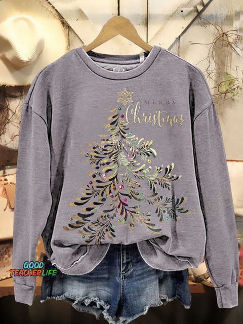 Retro Merry Christmas Christmas Tree Pattern Casual Sweatshirt