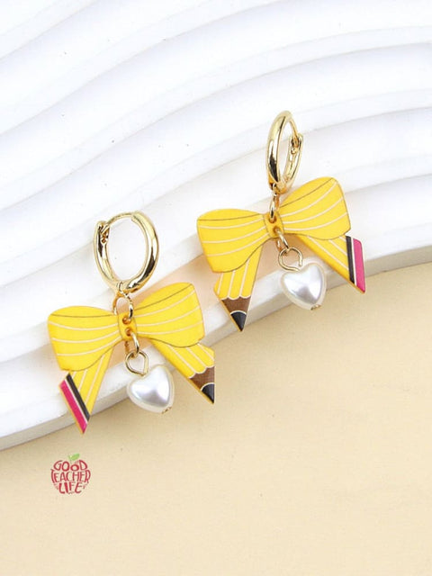 Back To School Pencil Bow Hoop Drop Earrings