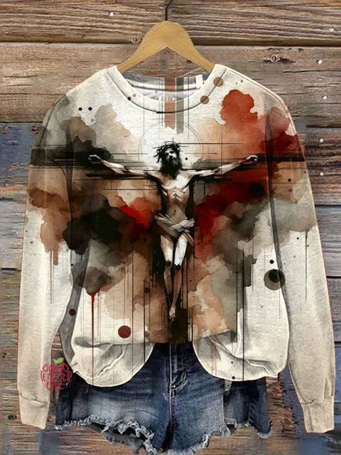 Watercolor Jesus And Crusifix Art Printed Casual Sweatshirt