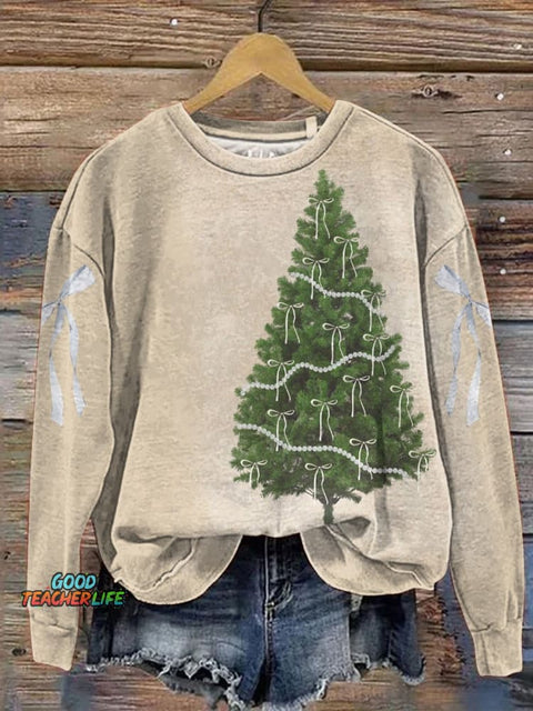 Retro Christmas Tree Art Printed Casual Sweatshirt