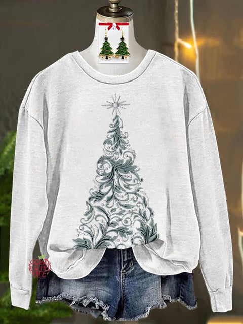 Tengman Christmas Tree Imitation Embroidery Printed Casual Sweatshirt