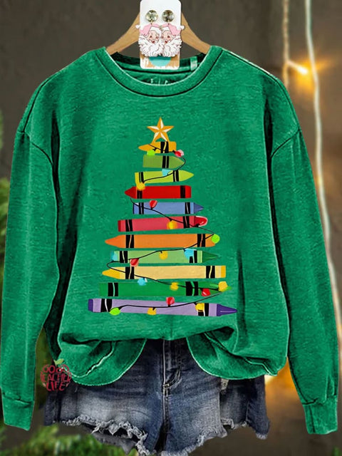 Crayons Tree Colored Lights Teacher Christmas Casual Sweatshirt