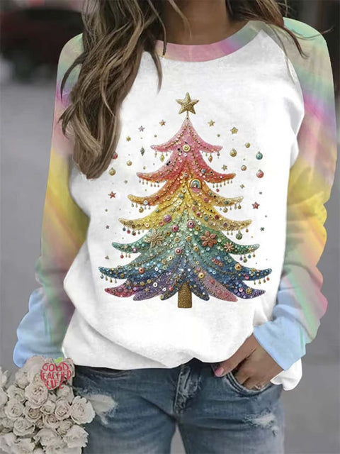 Women's Lovely Christmas Tree Art Print Casual Long Sleeve Sweatshirt