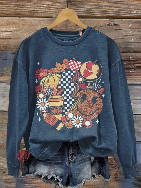 Autumn Harvest Halloween Teacher Print Casual Long Sleeve Sweatshirt