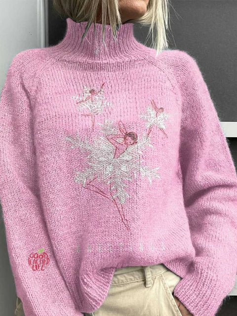 Christmas Ballet Girl Snowflake Art Print Knit Turtleneck Pullover Sweater