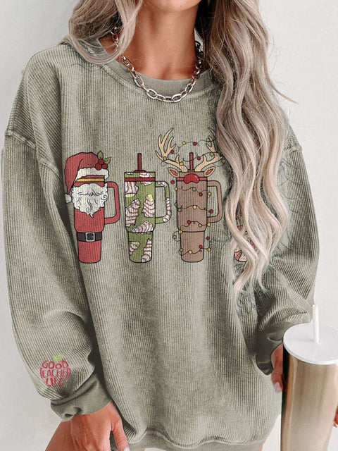 Christmas Retro Cup Women's  Casual Print Corduroy Sweatshirt