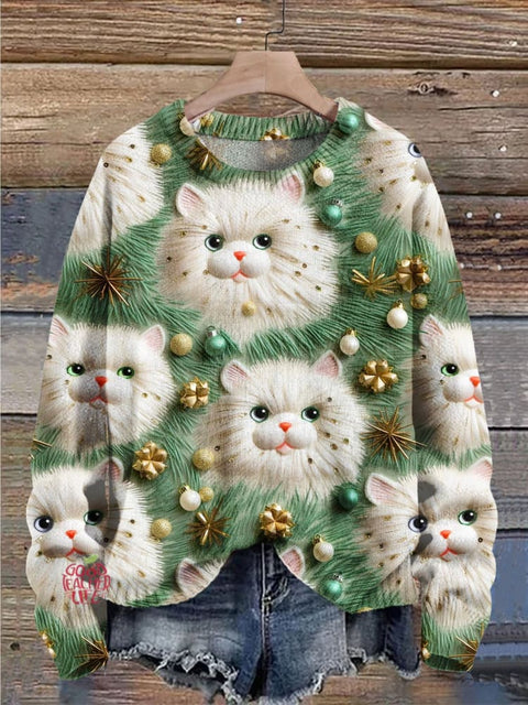 Christmas Gift Cat Art Print Knit Pullover Sweater