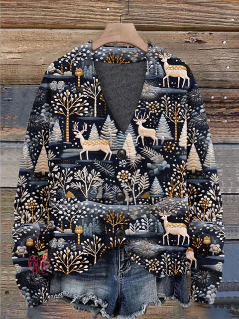 Christmas Gift Christmas Tree Deer Print Buttoned V-neck Cardigan Sweater