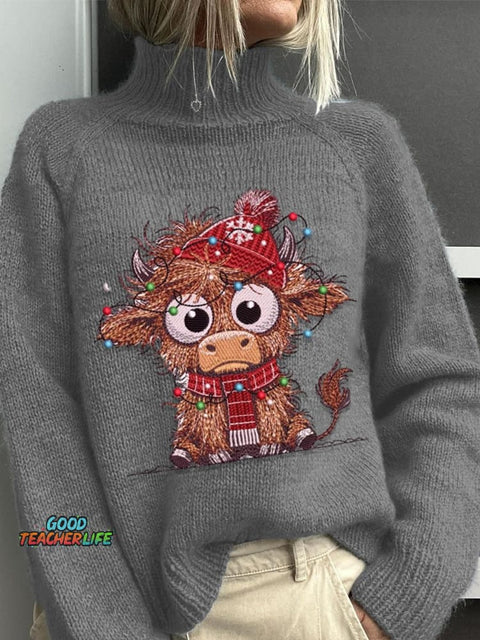 Embroidery  Highland Cow  Christmas Art Print Knit Turtleneck Pullover Sweater