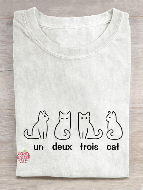 Un Deux Trois Cat French Teacher Casual Print T-shirt