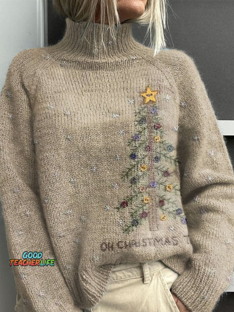 Retro Christmas Tree Print Knit Turtleneck Pullover Sweater