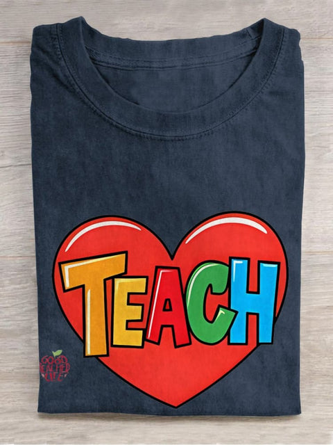 Teacher Heart Love Casual Print T-shirt