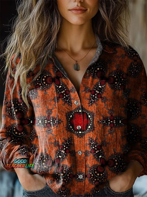Women's Retro Ethnic Totem Pattern Print Casual Long Sleeve Comfortable Cotton Shirt