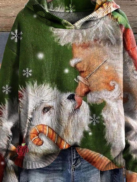 Christmas Cute Santa Dog Art Pattern Print Casual Knitted Hoodie Sweater