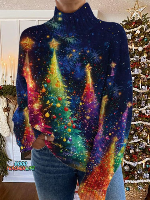 Glitter Christmas Print Knit Turtleneck Pullover Sweater