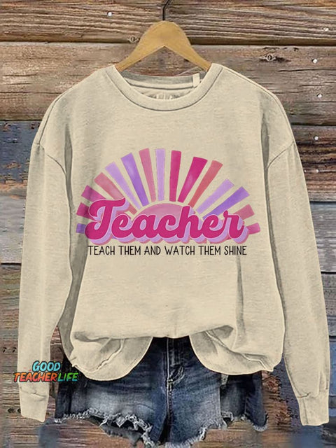 Retro Bright Pink Sun Hot Casual Print Sweatshirt