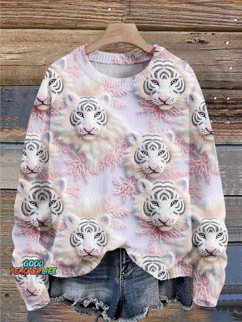 Christmas Gift Tiger Art Print Knit Pullover Sweater