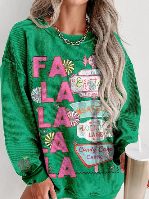 Christmas FaLaLaLaLa Retro Pink Women's  Casual Print Corduroy Sweatshirt