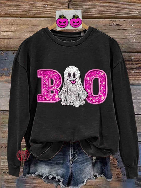 Retro Glitter Halloween Boo Print Sweatshirt