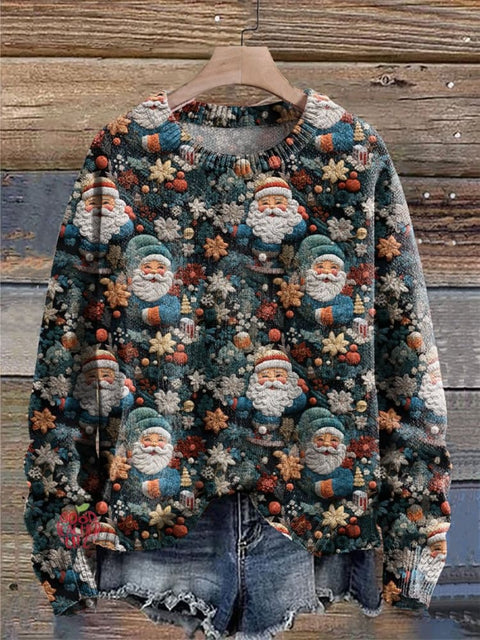 Retro Christmas Santa Claus Print Knit Pullover Sweater