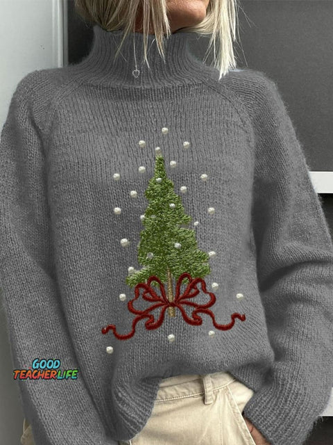 Embroidery  Christmas Tree Art Print Knit Turtleneck Pullover Sweater