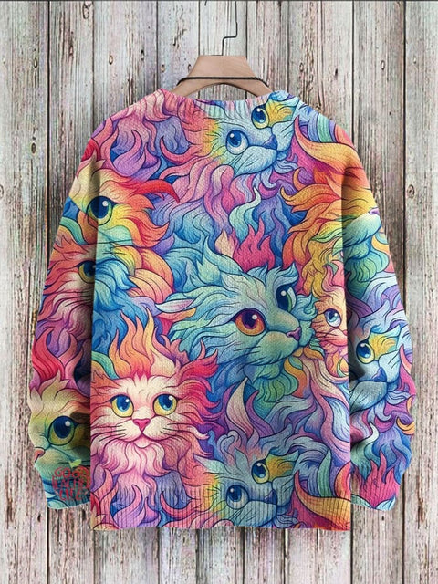 Multicolor Cats Rainbow Art Print Knit Pullover Sweater