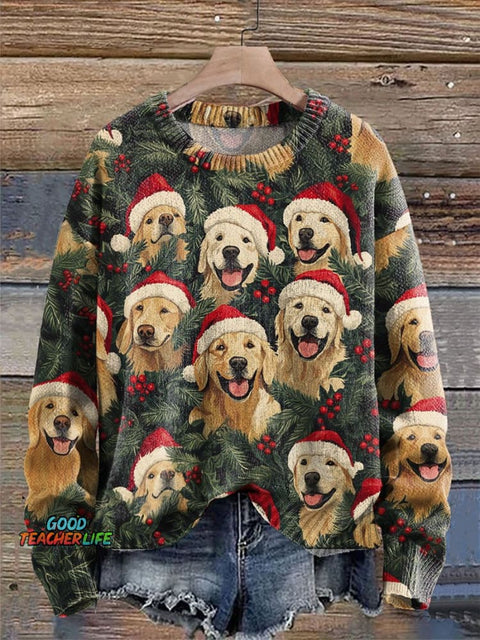 Christmas Santa hat Holly dog Print Knit Pullover Sweater