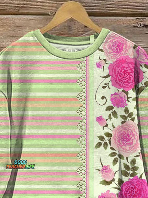 Retro Rose And Strip Pattern Printed Casual Sweatshirt
