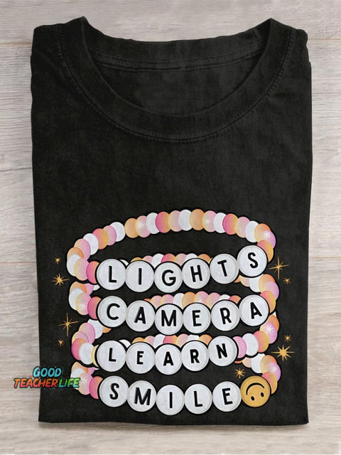 Lights Camera Teach Smile Teacher Groovy Casual Print T-shirt