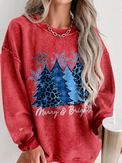 Women's Blue Christmas Trees Snowflake Merry and Bright Casual Print Corduroy Sweatshirt