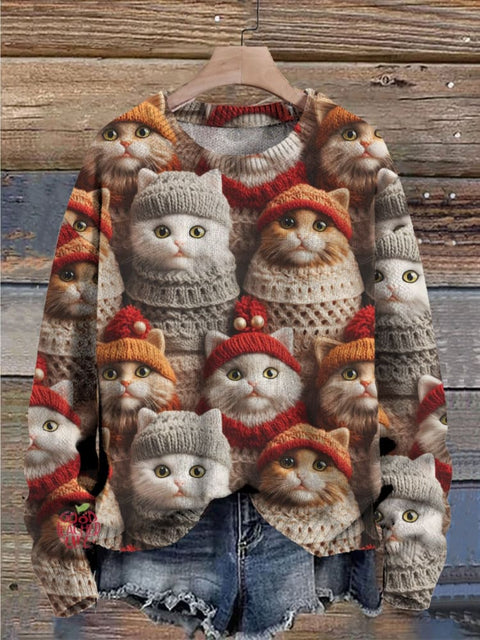 Christmas Cat Print Knit Pullover Sweater