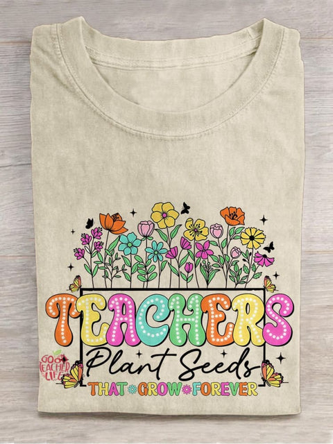 Floral Teacher Casual Print T-shirt