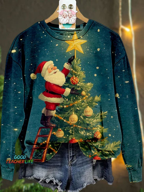 Santa Claus Decorating Christmas Tree Christmas Casual Print Sweatshirt