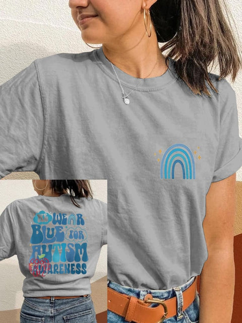 We Wear Blue for Autism Awareness Blue Rainbow Printing T-shirt